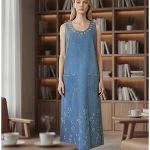 Denim Midi Dress VTG Embroidery Front Pockets Boho Western SZ M Carolina Bay